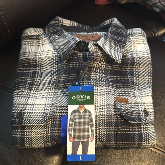 Orvis Flannel Shirt Gray Navy Tan Black Plaid Button Down Large  With Pockets - Picture 12 of 13